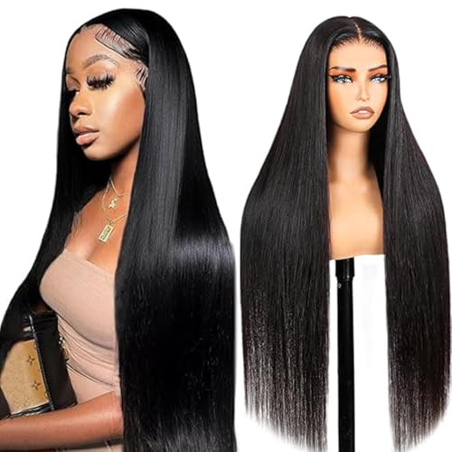 Lakaisa Straight Human Hair Wig Lace Frontal Perücke Damen Echthaar Glueless Wear and Go Grade 8 A 100% Brazilian Remy Hair 4X1 HD Lace Natural Color Hair No Smell for Women 32 Inch von Lakaisa