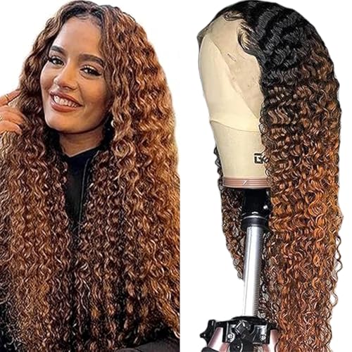 Lakaisa T Part Human Hair Wig Deep Wave Wig Glueless Wig Wear and Go Perücke Echthaar 1B/30 Brown Color 22 Inch 100% Unprocessed Virgin Hair 180% Density for Women No Tangle No Smell von Lakaisa