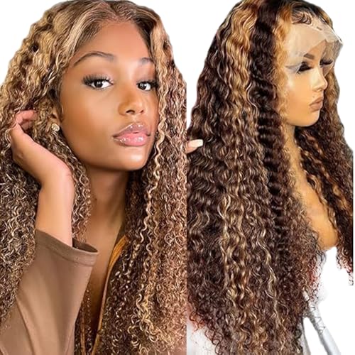Lakaisa T Part Wig Human Hair Glueless Wig Wear and Go Curly Wave Wig P427 Highlight Blonde Wig Menschenhaar Perücken Brazilian Remy Hair 180% Density No Tangle for Women 18 Zoll von Lakaisa