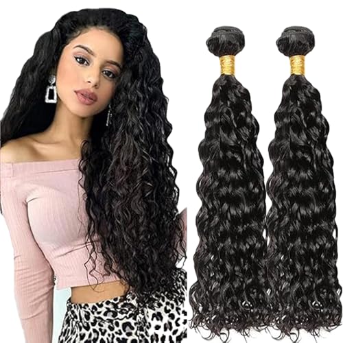 Lakaisa Water Wave Human Hair Bundles Echthaar Tressen Extensions Sew in Hair Natural Black Real Hair Extensions 2 Bundles Unprocessed Virgin Human Hair for Women 22 22 Zoll von Lakaisa
