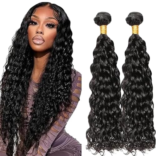 Lakaisa Water Wave Human Hair Bundles Echthaar Tressen Extensions Sew in Hair Natural Black Real Hair Extensions 2 Bundles Unprocessed Virgin Human Hair for Women 24 24 Zoll von Lakaisa