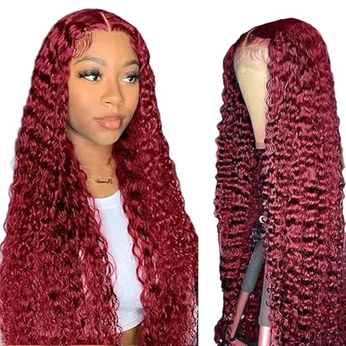 Lakaisa Water Wave Human Hair Wig Burgundy 4X4 Lace Front Echthaar Perücke Wear and Go Glueless 100% Unprocessed Brazilian Remy Hair Perücke Echthaar Damen No Smell for Woman 24 Zoll von Lakaisa