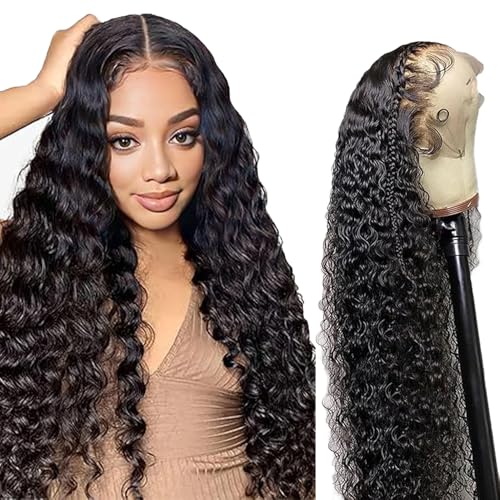 Lakaisa Water Wave Human Hair Wig Echthaar Perücke Damen 13X1 Lace Natural Black Pre Plucked Unprocessed Remy Hair 150% Density Low Shedding Minimal Tangle for Women 12 Zoll von Lakaisa