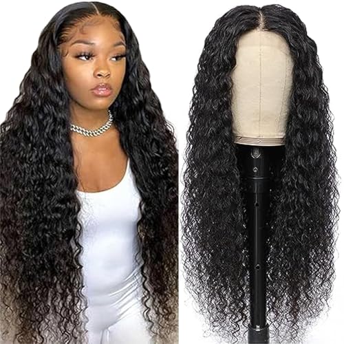 Lakaisa Water Wave Human Hair Wig Lace Frontal Perücke Damen Echthaar Glueless Wear and Go Grade 8 A 100% Brazilian Remy Hair 4X1 HD Lace Natural Color Hair No Smell for Women 32 Inch von Lakaisa