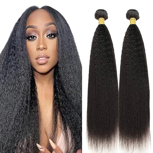 Lakaisa Yaki Straight Human Hair Bundles Echthaar Tressen Extensions Sew in Hair Natural Black Real Hair Extensions 2 Bundles Unprocessed Brazilian Virgin Hair for Woman 24 24 Zoll von Lakaisa