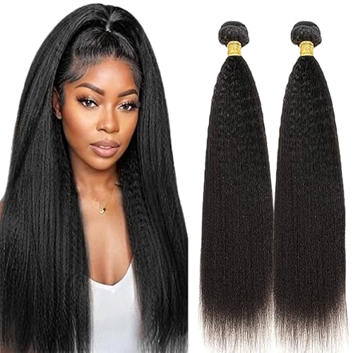 Lakaisa Yaki Straight Human Hair Bundles Echthaar Tressen Extensions Sew in Hair Natural Black Real Hair Extensions 2 Bundles 100% Unprocessed Brazilian Virgin Hair for Woman 28 28 Zoll von Lakaisa