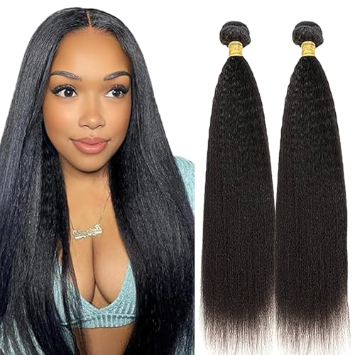 Lakaisa Yaki Straight Human Hair Bundles Echthaar Tressen Extensions Sew in Hair Natural Black Real Hair Extensions 2 Bundles Unprocessed Virgin Human Hair for Women 16 16 Zoll von Lakaisa