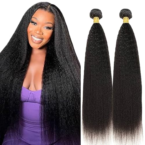 Lakaisa Yaki Straight Human Hair Bundles Echthaar Tressen Extensions Sew in Hair Natural Black Real Hair Extensions 2 Bundles Unprocessed Virgin Human Hair for Women 22 22 Zoll von Lakaisa