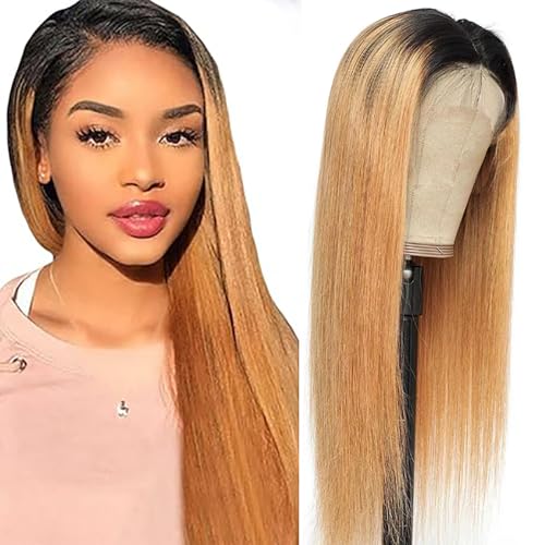 Lakaisa Perücke Damen Echthaar 4X4 Lace Frontal Human Hair Glueless Wear and Go HD Lace Grade 8A Brazilian Virgin Hair Straight 1B/27 Blond No Smell 16 Zoll von Lakaisa