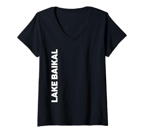 Damen Vertikaler Text des Baikalsees T-Shirt mit V-Ausschnitt Damen Vertikaler Text des Baikalsees T-Shirt mit V-Ausschnitt von Lake Baikal Vertical Sideways Text