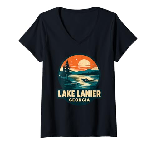 Damen Lake Lanier Segel Shirt Sunset Sailing Adventure Georgia T-Shirt mit V-Ausschnitt von Lake Lanier Sail Tee Shirts for Sailors