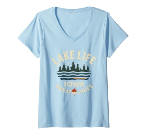 Damen Lake Life Iowa Great Vintage Kanu Bäume T-Shirt mit V-Ausschnitt von Lake Life Tee Shirts for Iowa Lakes Fans