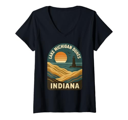 Damen Indiana-Shirt mit Blick auf den Sonnenuntergang und den Leuchtturm T-Shirt mit V-Ausschnitt Damen Indiana-Shirt mit Blick auf den Sonnenuntergang und den Leuchtturm T-Shirt mit V-Ausschnitt von Lake Michigan Dunes Indiana Tee Shirts for Beach
