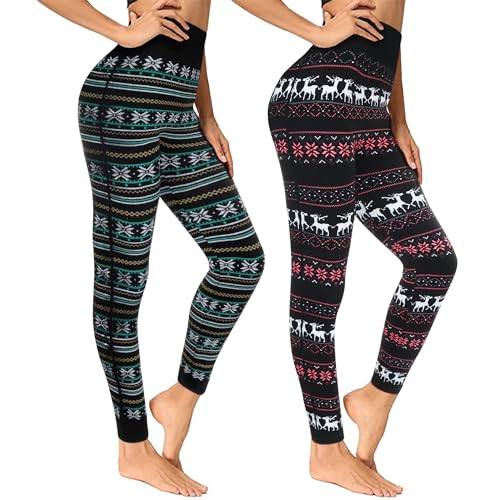 Lakpoau 2er Pack Thermo Leggings Damen Gefüttert Winterleggings Skinny Thermoleggings Weihnachtsmotiven Warm Kuschelig Elastisch Sport Leggins Frauen/Mädchen Einheitsgröße 4145-AB von Lakpoau