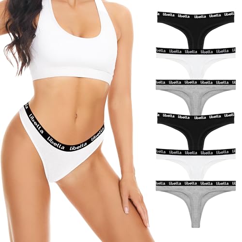 Lakpoau 6er Pack String Tanga Damen Set Baumwolle Unterhosen Sexy Unterwäsche Tanga String Damen Mehrpack Unterhosen Damen Slips Atmungsaktiv Pantys Schwarz Weiß Grau 3207 BWG L von Lakpoau