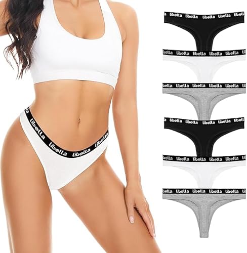 Lakpoau 6er Pack String Tanga Damen Set Baumwoll Unterhosen Damen Tangas Unterwäsche Frauen mit Niedriger Taille Atmungsaktiv Unterwäsche Schwarz Weiß Grau BWG M von Lakpoau