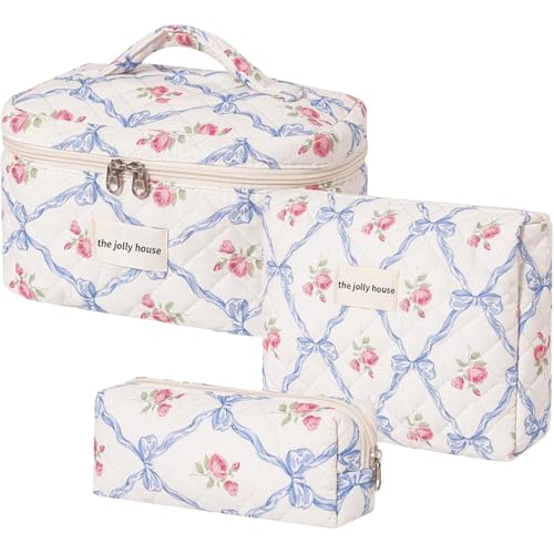 LAKSMI Make-up-Tasche für Damen, gesteppt, große Kosmetiktasche mit Blumenmuster, Baumwoll-Make-up-Taschen-Set, Reise-Kulturbeutel, Blau LAKSMI Make-up-Tasche für Damen, gesteppt, große Kosmetiktasche mit Blumenmuster, Baumwoll-Make-up-Taschen-Set, Reise-Kulturbeutel, Blau von Laksmi