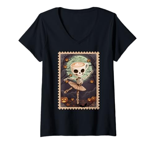 Damen Ballerina Halloween Cappuccina Poststempel T-Shirt mit V-Ausschnitt Damen Ballerina Halloween Cappuccina Poststempel T-Shirt mit V-Ausschnitt von LalaTungSahur