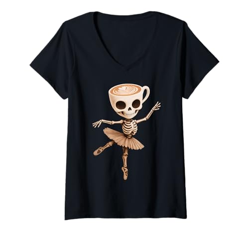 Damen Ballerina Muertina Cappuccina Italienisch Brainrot Halloween T-Shirt mit V-Ausschnitt Damen Ballerina Muertina Cappuccina Italienisch Brainrot Halloween T-Shirt mit V-Ausschnitt von LalaTungSahur