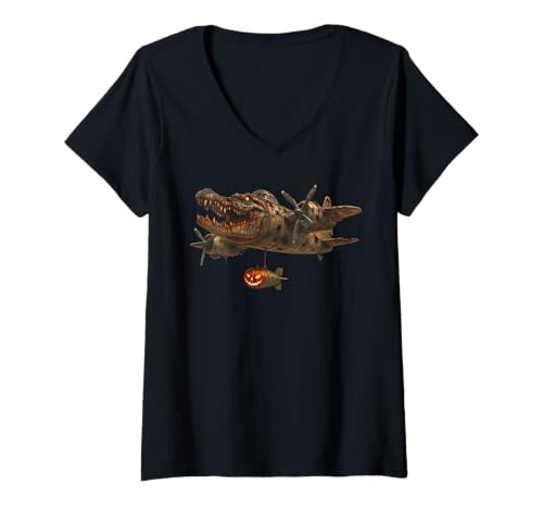 Damen Bombardiro Halloweeno Crocodilo Italian Brainrot Halloween T-Shirt mit V-Ausschnitt Damen Bombardiro Halloweeno Crocodilo Italian Brainrot Halloween T-Shirt mit V-Ausschnitt von LalaTungSahur