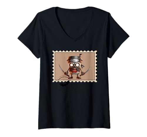 Damen Cappuccino Halloweeno Assassino Zombie Poststempel T-Shirt mit V-Ausschnitt Damen Cappuccino Halloweeno Assassino Zombie Poststempel T-Shirt mit V-Ausschnitt von LalaTungSahur
