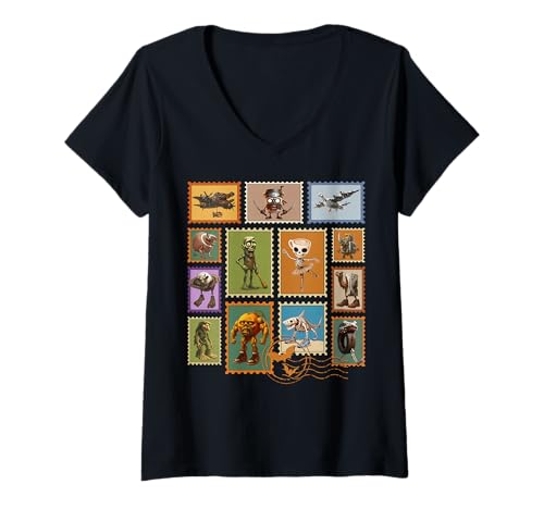 Damen Halloween-Briefmarken, Italienischer Brainrot Zombie T-Shirt mit V-Ausschnitt Damen Halloween-Briefmarken, Italienischer Brainrot Zombie T-Shirt mit V-Ausschnitt von LalaTungSahur