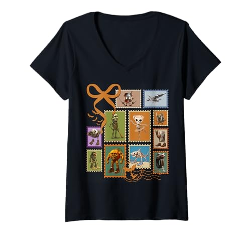 Damen Halloween Italian Brainrot Poststempel T-Shirt mit V-Ausschnitt Damen Halloween Italian Brainrot Poststempel T-Shirt mit V-Ausschnitt von LalaTungSahur