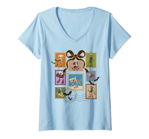 Damen Italian Brainrot Lustige Halloween-Briefmarken T-Shirt mit V-Ausschnitt Damen Italian Brainrot Lustige Halloween-Briefmarken T-Shirt mit V-Ausschnitt von LalaTungSahur