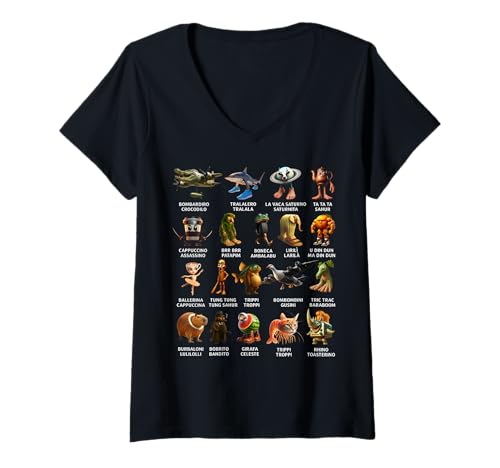 Damen Italienische Brainrot-Liste T-Shirt mit V-Ausschnitt Damen Italienische Brainrot-Liste T-Shirt mit V-Ausschnitt von LalaTungSahur