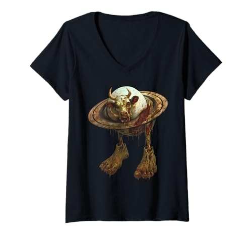 Damen La Vaca Zombita Saturno Saturnita Italienisches Brainrot Halloween T-Shirt mit V-Ausschnitt Damen La Vaca Zombita Saturno Saturnita Italienisches Brainrot Halloween T-Shirt mit V-Ausschnitt von LalaTungSahur