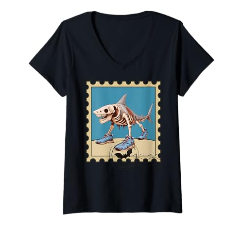 Damen Tralalero Halloweeno Tralala Zombie Shark Poststempel T-Shirt mit V-Ausschnitt Damen Tralalero Halloweeno Tralala Zombie Shark Poststempel T-Shirt mit V-Ausschnitt von LalaTungSahur