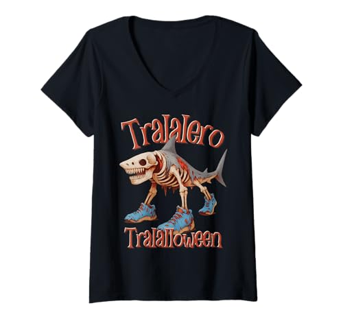 Damen Tralalero Tralalloween Shark Italienisches Brainrot Halloween T-Shirt mit V-Ausschnitt Damen Tralalero Tralalloween Shark Italienisches Brainrot Halloween T-Shirt mit V-Ausschnitt von LalaTungSahur