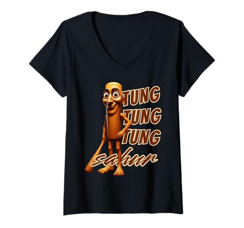 Damen Tung Tung Tung Sahur Italian Brainrot Virales Meme T-Shirt mit V-Ausschnitt Damen Tung Tung Tung Sahur Italian Brainrot Virales Meme T-Shirt mit V-Ausschnitt von LalaTungSahur