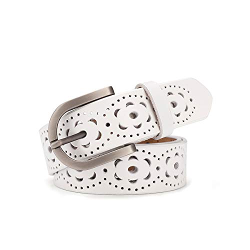 lalafancy Damen Leder Gürtel Echtes Rindsleder Ledergürtel Mode Hohle Blume Design Damengürtel mit Legierung Schnalle für Jeans (Weiß) von lalafancy