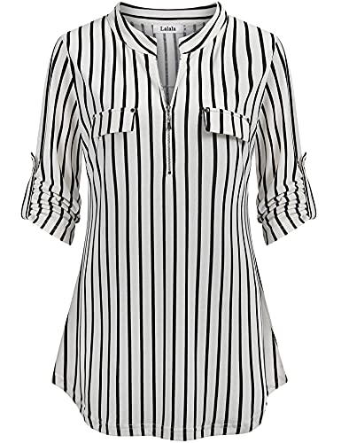 Lalala Damen 3/4 Ärmel Oberteile V-Ausschnitt Classy Flowy Shirts Trending Damenkleidung Herbst (Weiß,L) von Lalala