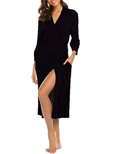 Damen Morgenmantel Kimono Lang Bademantel Schlafanzug Negligee Nachthemd Nachtwäsche Unterwäsche V Ausschnitt mit Gürtel (Blace M) von Lalala