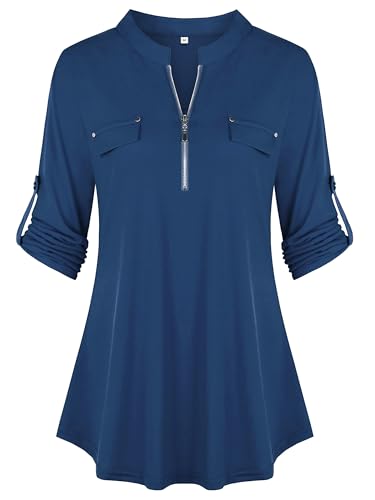 Lalala 3/4 Arm Bluse Damen Elegant V Ausschnitt Oberteile Reissverschluss Lockere Shirt Frühling Tops A_Dunkelblau,L von Lalala