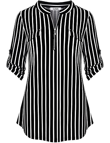 Lalala Damen Bluse Gestreift Langarmshirt Elegant V-Ausschnitt Tunika Oberteile Freizeit Beruf (Schwarz,XXL) von Lalala