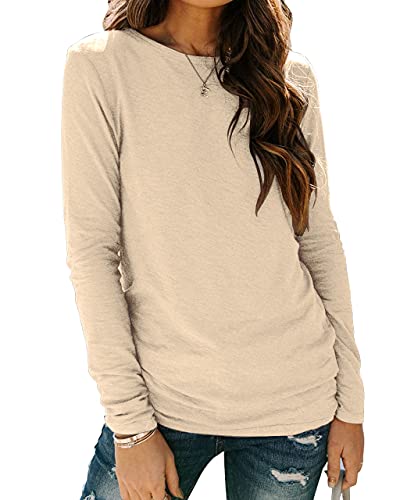 BDTECAOR Einfarbige T-Shirts Damen Langarm Rundhals Oberteile Elegant Bluse Tunika Creme L von BDTECAOR