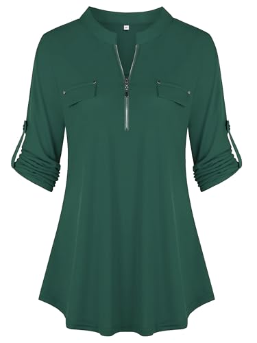 Lalala Damen Sommer Tops Ellenbogenlange Ärmel V-Ausschnitt Swing Flowy Casual Work Henley Shirts A_Dunkelgrün L von Lalala