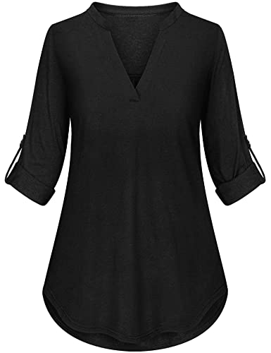 Lalala Longshirt Damen Ärmel Hochkrempeln V Ausschnitt Oberteile Casual Business Blusen (D_Schwarz,XXL) von Lalala