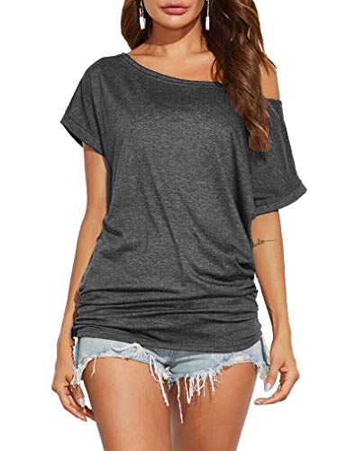 Lalala Oberteile Damen Schulterfrei Sommer Top Kurzarm Batwing Fledermaus Shirt (Still_dunkelgrau S) von Lalala