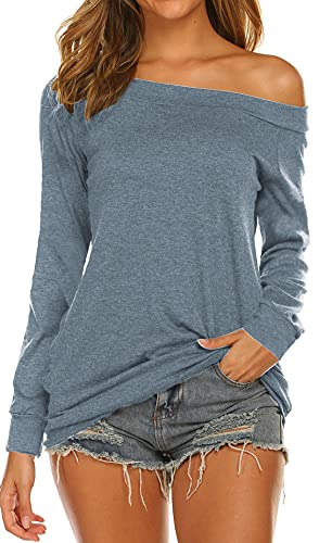 Lalala Off Shoulder Oberteil Damen Langarm Lockere Shirt Basic Cold Shoulder Tunika Tops Grau Blau M von Lalala