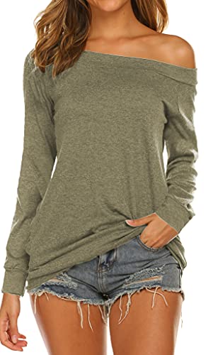 Lalala Off Shoulder Oberteil Damen Langarmshirt U Boot Ausschnitt Casual Blusen Khak M von Lalala