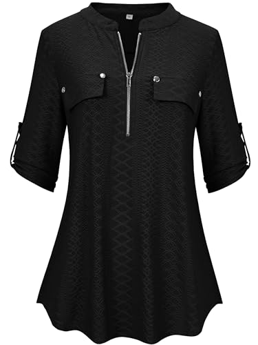 Lalala Tunika Damen Elegant 3/4 Arm Oberteile V Ausschnitt Formell Bluse Z-Schwarz-xg36 M von Lalala