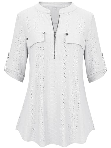 Lalala Oberteile Damen Herbst Langarmshirt Elegnt Lace Embroidered V Ausschnitt Blusen Z-Weiß-xg36 3XL von Lalala