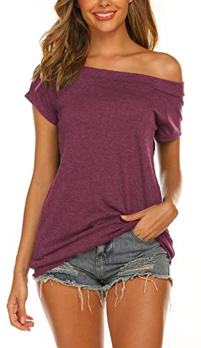 Tunika Damen Große Größen Kurze Ärmel Schulterfrei T Shirt Casual Bluse Oberteile (A-Purpurrot L) von Lalala