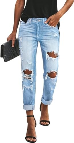 Lalasgal Damen-Jeans im Used-Look, mittelhohe Taille, lockere Passform, zerrissene, dehnbare Denim-Hose, L24-skyblue, 40 Lalasgal Damen-Jeans im Used-Look, mittelhohe Taille, lockere Passform, zerrissene, dehnbare Denim-Hose, L24-skyblue, 40 von Lalasgal