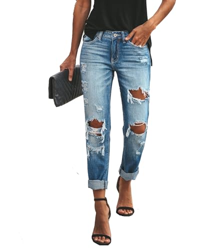 Lalasgal Damen Jeans im Used-Look, mittlere Taille, lockere Passform, zerrissene, Dehnbare Denim-Hose, L24-blau, 50 von Lalasgal