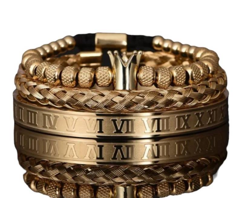 Lale Collection® Armband Set Herren Armband-Set-Edelstahl Schwarz-Gold-Silber Schmuck Armreif, Römische Ziffern, Perle, Krone, Fashion, Style, Armband von Lale Collection®